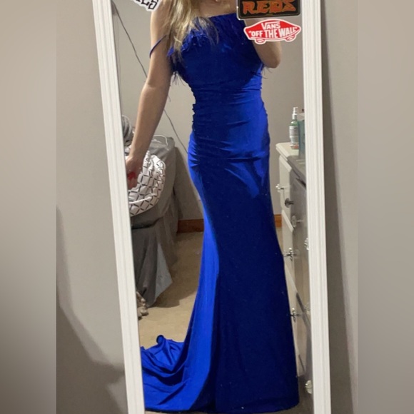 royal blue prom dress with feathers Royal Blue A-line Strap V Neck Open Back Tulle Formal Prom Dress, Lace